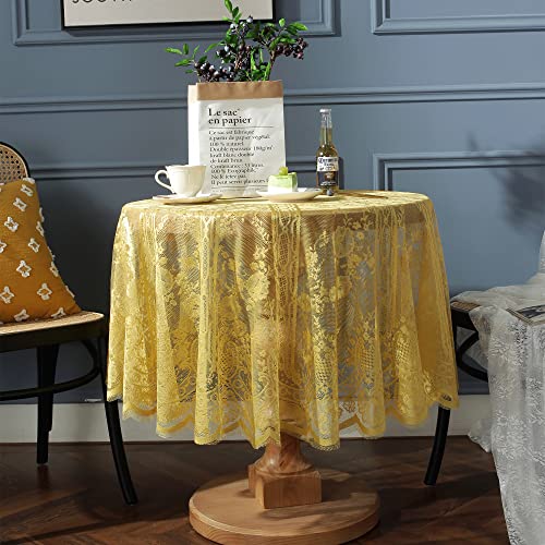 Gelbe Spitze Tischdecke Bestickt Elegante Florale Muster Tischdecke Runde Overlay Tischdecke für Hochzeit Party Urlaub Lange Abendessen Home Decor (Rund-150CM/60, Gelb) von Fhberni