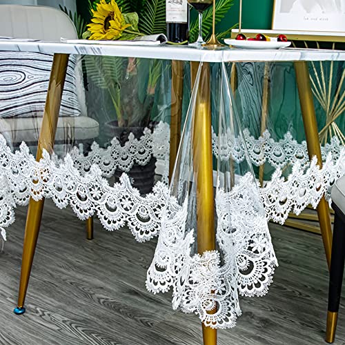 Klare Kunststoff Rund Tischdecke Wasserdichtes Vinyl PVC Tischdecke Bestickte Spitze Rand Transparente Tischabdeckung für die Küche im Freien und im Inneren verwendet-Rund 110 cm, Weiß von Fhberni