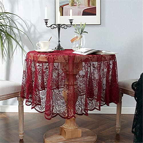 Rote Spitze Tischdecke Bestickt Elegante Florale Muster Tischtuch Runde Overlay Tischdecke für Hochzeit Party Urlaub Lange Abendessen Home Decor (Rund-150CM/60, Rot) von Fhberni