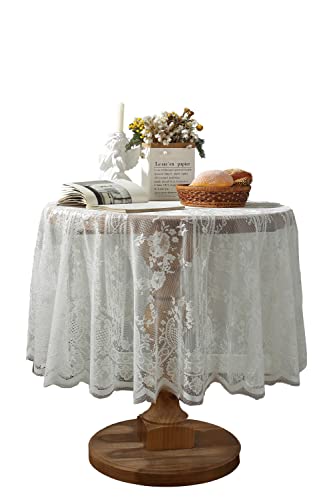Weiße Spitze Tischdecke Bestickt Elegante Florale Muster Tischtuch Runde Overlay Tischdecke für Hochzeit Party Urlaub Lange Abendessen Home Decor (Rund-190CM/75, Weiß) von Fhberni