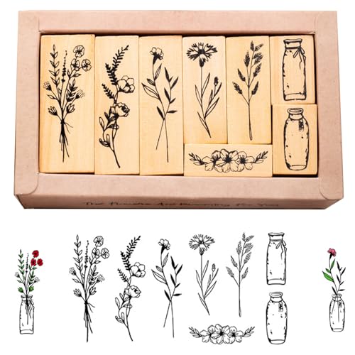 Fhioevt 8 Stück Holzstempel Stempel Holz Blumen Blätter Motivstempel Natürlichel Pflanze Stempelset Vintage Holzstempel zum Basteln für Scrapbooks Journals Tagebücher Crafts DIY Karten von Fhioevt