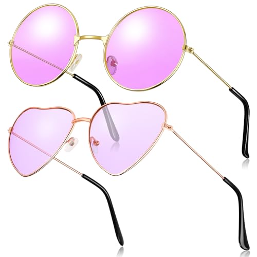 Fiada 2 Paar Hippie Sonnenbrillen Retro Damen Hippie Brillen Hippie Kostüm Sonnenbrille für Herren Damen Party Festival (Lila) von Fiada