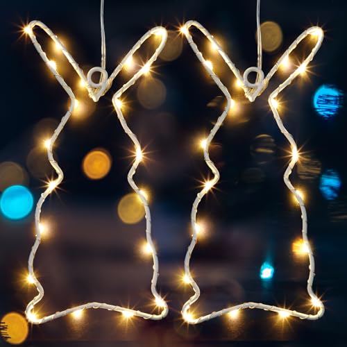 Fiada Osterdeko LED Fenster Licht Hängend Osterhasen Lichterkette Beleuchtet Zum Aufhängen Hasen Lichter Beleuchtung Ostern Lampen Mit Timer (Ohne Batterien) (hasen, 2 Set) von Fiada