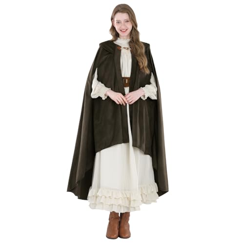 Fiamll Umhang Mittelalter Umhang mit Kapuze Knebelverschluss Damen Cape für Gothic Festival &Cosplay Beige L von Fiamll