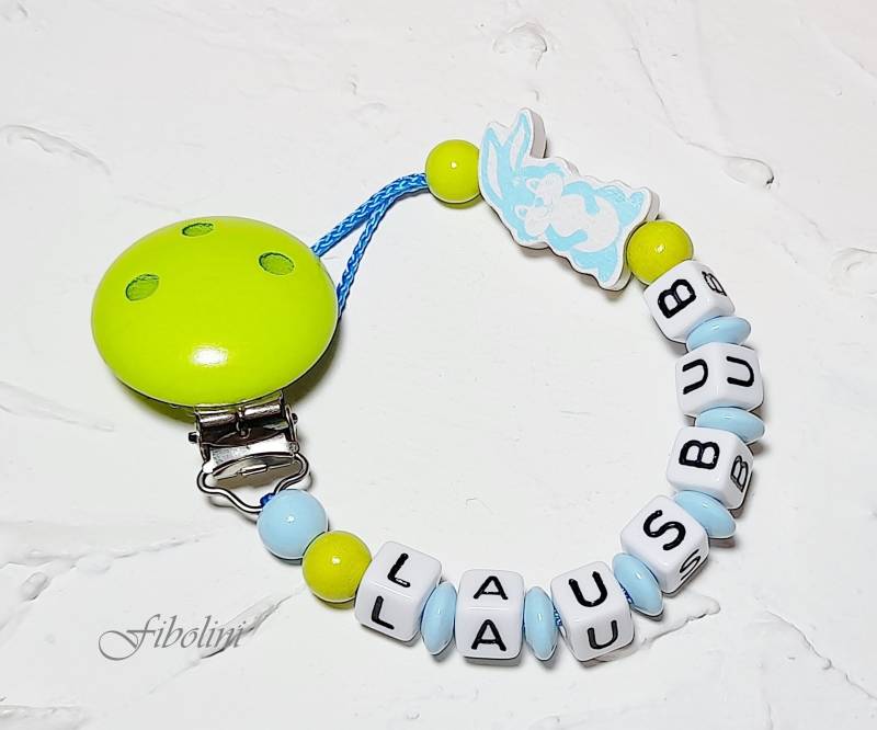 Schnullerkette "Hase". Lemon, Blau, Weiß, Ostern, Junge, Name, Nuggelkette, Schnuller, Holz, Babyparty, Meilenstein, Schwangerschaft, Mama von Fibolini
