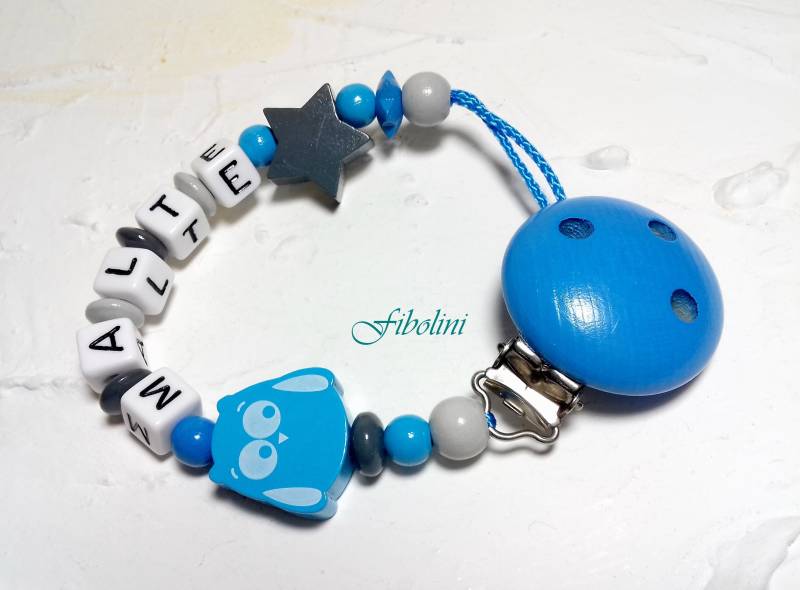 Schnullerkette "Nacht". Eule, Stern, Blau, Grau, Babygeschenk, Geburt, Mama, Eltern, Schwangerschaft, Handmade, Schnuller, Nuckelkette, Diy von Fibolini