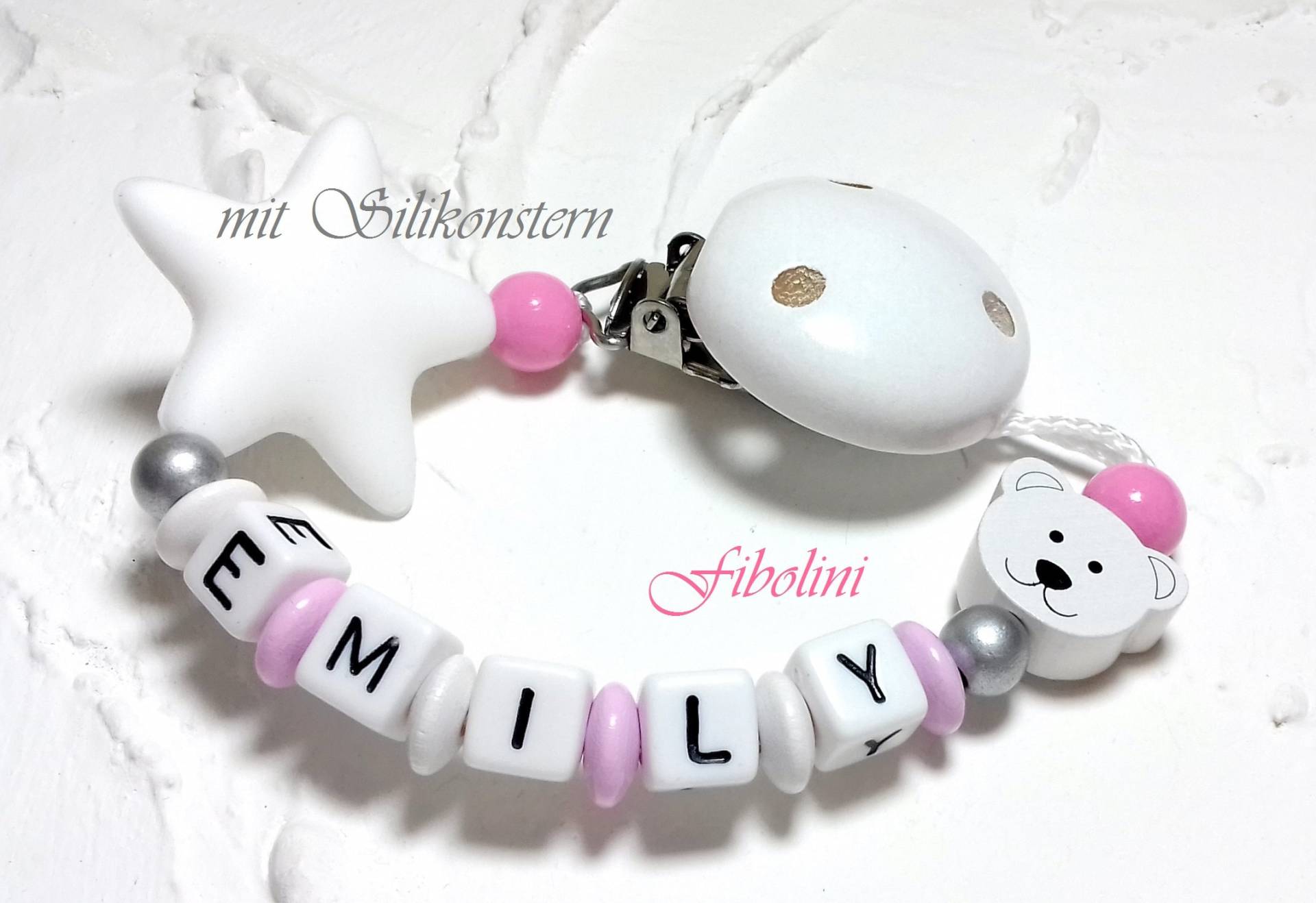 Schnullerkette "Teddy" Silikonbeißstern. Taufe, Geburt, Babyparty, Silber, Weiß, Rosa, Schnullerhalter, Personalisiert, Mit Namen, Girl Schnullerkette "Teddy" Silikonbeißstern. Taufe, Geburt, Babyparty, Silber, Weiß, Rosa, Schnullerhalter, Personalisiert, Mit Namen, Girl von Fibolini
