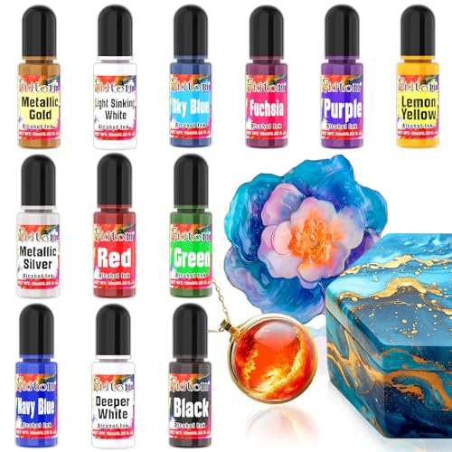 Alcohol Ink - 12 Helle & Lebendige Epoxidharz Farbe für Kunstobjekte, Resin für Malerei, Handwerk, Untersetzer, Schmuckherstellung - 10 ml/Stück von Fidton
