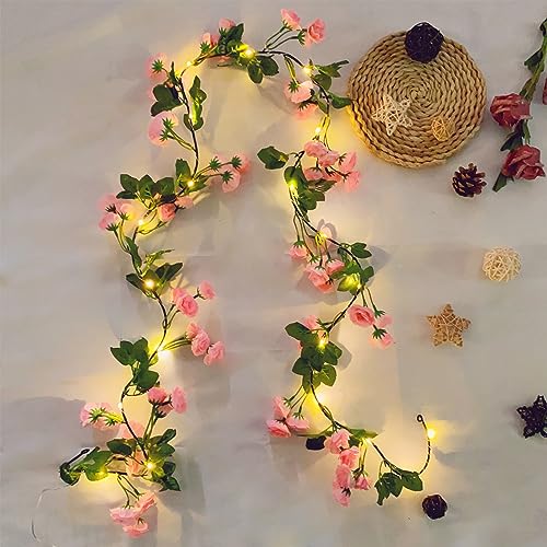 Fielegen 1.8M Künstliche Blume Lichterkette Batteriebetrieben Gefälschte Rose Blumengirlande mit 20 LED Feenlichter,Seide Hängende Rosa Rose Blume Reben Schnur Lichter für Hochzeitsfeier Garten Dekor von Fielegen