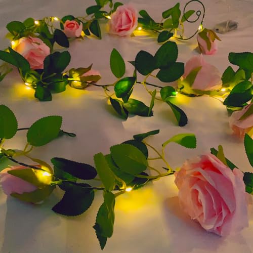 Fielegen 2 Meter 20 LED Künstliche Blume Lichterkette Batteriebetriebene Rosenranke Blumengirlande Feenlichter Hängende Rosenblüte Ranken für Hausgarten Geburtstag Hochzeitsfeier Valentinstag Dekor von Fielegen