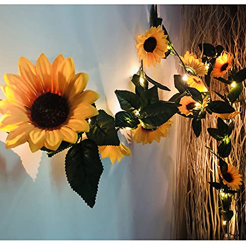 Fielegen 2 Stück Künstliche Sonnenblume Girland Lichterketten, 4.5 M 60 LED Seide Sonnenblume Ranken Batteriebetriebene Feenlichter für Innenräume Schlafzimmer Urlaub Hochzeit Party Garten Dekoration von Fielegen