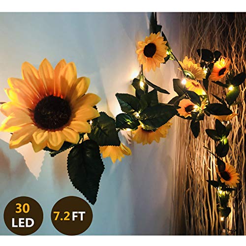 Fielegen 30 LED Künstliche Sonnenblume Girland Lichterkette, 2.2 M Sonnenblume Ranken mit Lichtern Batteriebetriebene Sonnenblume Feenlichter für Hochzeit, Valentinstag, Garten Geburtstag Party Dekor von Fielegen