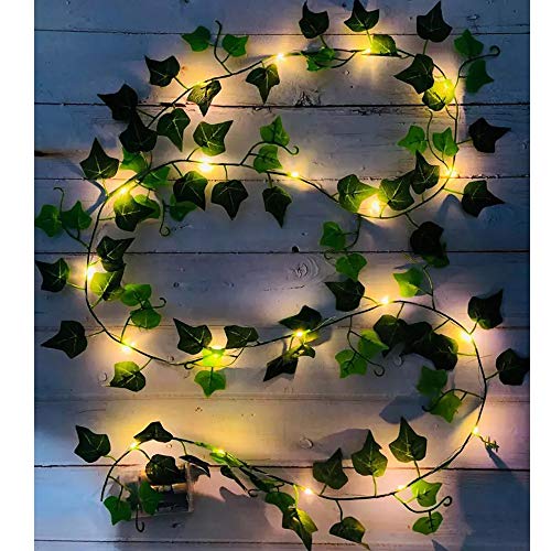 Fielegen 4 Stück Efeu Künstlich Lichterkette 8M Fake Efeu Girlande mit 80 LED Lichterkette Batterie Grüne Blatt Efeuranke Frühling Pflanzen für Innenberei Schlafzimmer Hochzeit Party Deko von Fielegen