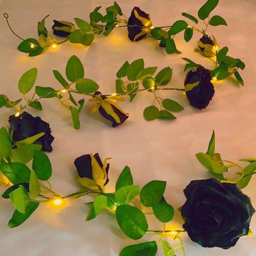 Fielegen 2M Künstliche Rosen Blumegirlande mit Lichterkette, Batteriebetrieben Hängende Rosenranke mit 20 LED-Licht für Innen Zimmer Home Garten Hochzeit Party Valentinstag Schwarze Halloween Dekor von Fielegen