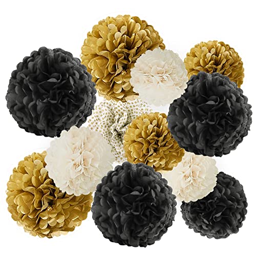 Figarge Seidenpapier Pompons Deko, 12 Stück Schwarz und Gold Seide Papier Pompons für Hochzeiten, Geburtstage, Promotionen, Festival Dekorationen, Decke und Kulisse Dekorationen von Figarge