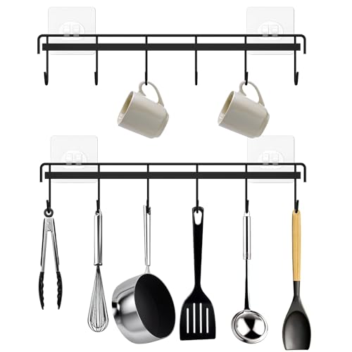 Figarge Küchenhalter Küchenhalterung 6 Haken Küchenutensilienhalter Ohne Bohren Hakenleiste Selbstklebend Küche Hängeregal Küchenutensilien Küchenreling für Küchenutensilien, 2 Stück von Figarge