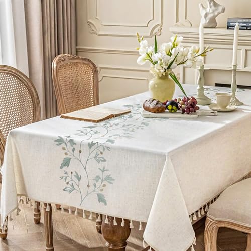 Figarge Tischdecke Rechteckig Baumwolle Leinen Tischtuch mit Quaste Abwaschbar Tischwäsche Falten Staubdicht Tischdecke für Kaffeetisch, Küche, Essen, Weihnachts Tischdekoration (140 x 180CM) von Figarge