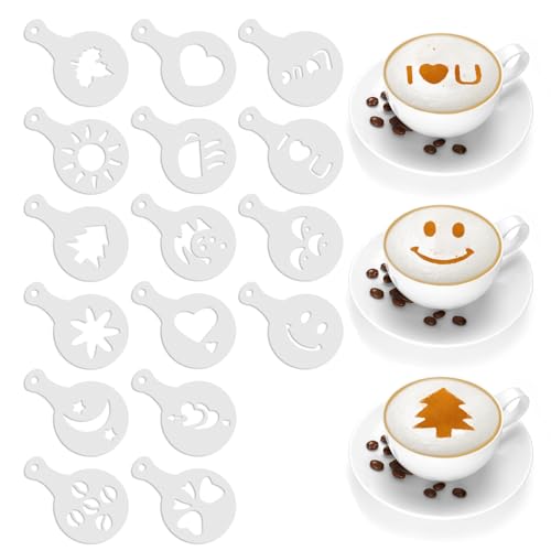 Figarge 16 Stück Cappuccino Schablone Kaffee Schablonen Kakaostreuer für Cappuccino Tortenschablone Heiße Schokolade Brotdekoration DIY Kunst Vorlagen Malschablonen von Figarge