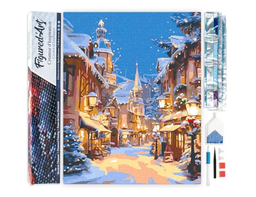 Figured'Art Diamond Painting Erwachsene 40x50cm Ganze Leinwand gerollt Beleuchtetes Weihnachtsdorf 5D Bilder Eckige Steine - DIY Set Basteln von Figured'Art
