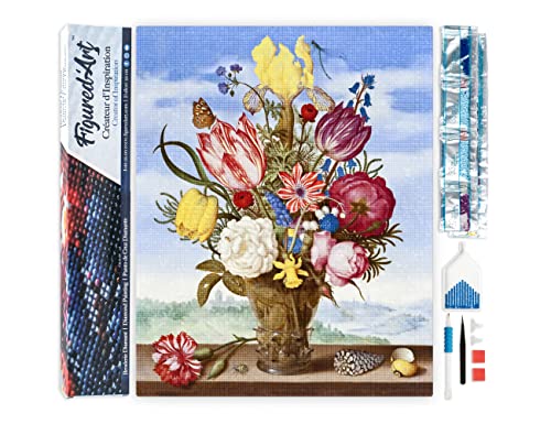 Figured'Art Diamond Painting Erwachsene 40x50cm Ganze Leinwand gerollt Blumenstrauß Ambrosius Bosschaert 5D Bilder Eckige Steine - DIY Set Basteln von Figured'Art