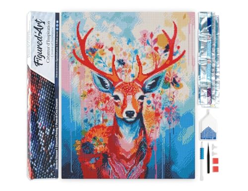 Figured'Art Diamond Painting Erwachsene 40x50cm Ganze Leinwand gerollt Bunter Hirsch in voller Blüte 5D Bilder Eckige Steine - DIY Set Basteln von Figured'Art