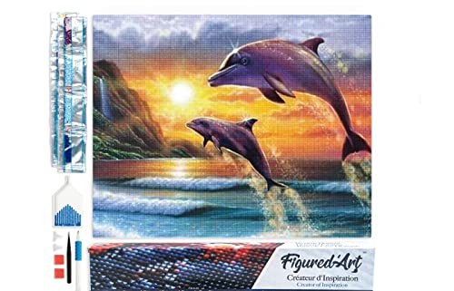 Figured'Art Diamond Painting Erwachsene 40x50cm Ganze Leinwand gerollt Delfine bei Sonnenaufgang 5D Bilder Eckige Steine - DIY Set Basteln von Figured'Art