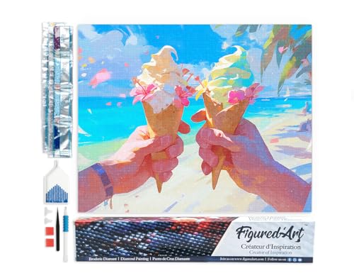 Figured'Art Diamond Painting Erwachsene 40x50cm Ganze Leinwand gerollt Eiscreme am Strand 5D Bilder Eckige Steine - DIY Set Basteln von Figured'Art