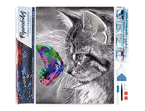 Figured'Art Diamond Painting Erwachsene 40x50cm Ganze Leinwand gerollt Katze und bunter Schmetterling 5D Bilder Eckige Steine - DIY Set Basteln von Figured'Art