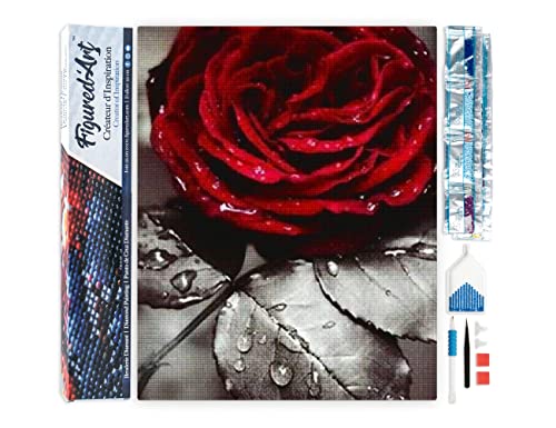 Figured'Art Diamond Painting Erwachsene 40x50cm Ganze Leinwand gerollt Rote Rose 5D Bilder Eckige Steine - DIY Set Basteln von Figured'Art