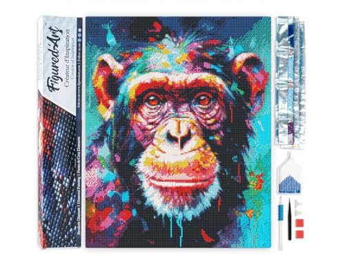 Figured'Art Diamond Painting Erwachsene 40x50cm Ganze Leinwand gerollt Schimpanse Farbenfroh Abstrakt 5D Bilder Eckige Steine - DIY Set Basteln von Figured'Art