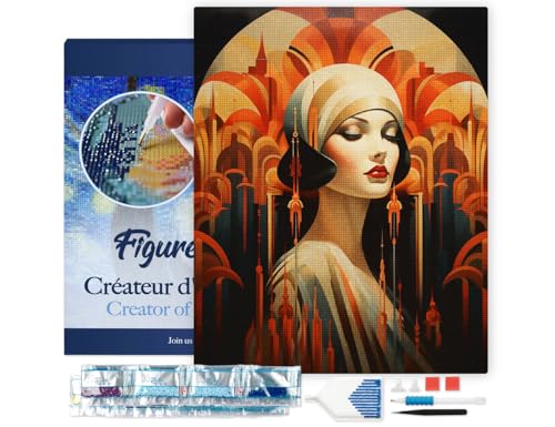 Figured'Art Diamond Painting Erwachsene 40x50cm Mit Rahmen Ganze Leinwand gespannt Art-Deco-Frau 5D Bilder Eckige Steine - DIY Set Basteln von Figured'Art