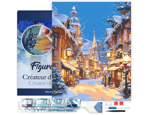 Figured'Art Diamond Painting Erwachsene 40x50cm Mit Rahmen Ganze Leinwand gespannt Beleuchtetes Weihnachtsdorf 5D Bilder Eckige Steine - DIY Set Basteln von Figured'Art