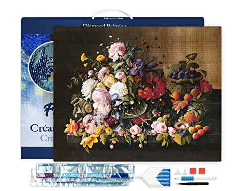 Figured'Art Diamond Painting Erwachsene 40x50cm Mit Rahmen Ganze Leinwand gespannt Blumen und Obst Severin Roesen 5D Bilder Eckige Steine - DIY Set Basteln von Figured'Art