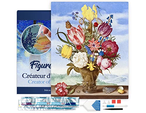 Figured'Art Diamond Painting Erwachsene 40x50cm Mit Rahmen Ganze Leinwand gespannt Blumenstrauß Ambrosius Bosschaert 5D Bilder Eckige Steine - DIY Set Basteln von Figured'Art