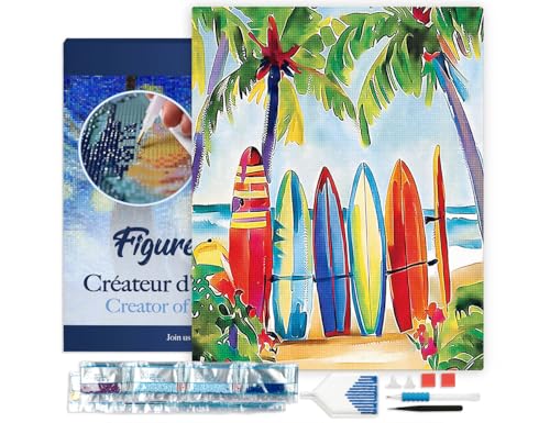Figured'Art Diamond Painting Erwachsene 40x50cm Mit Rahmen Ganze Leinwand gespannt Bunte Surfbretter 5D Bilder Eckige Steine - DIY Set Basteln von Figured'Art