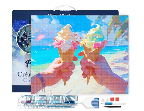 Figured'Art Diamond Painting Erwachsene 40x50cm Mit Rahmen Ganze Leinwand gespannt Eiscreme am Strand 5D Bilder Eckige Steine - DIY Set Basteln von Figured'Art