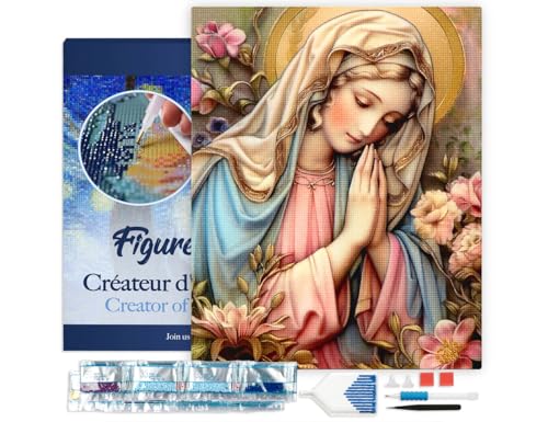 Figured'Art Diamond Painting Erwachsene 40x50cm Mit Rahmen Ganze Leinwand gespannt Gesegnete Jungfrau Maria 5D Bilder Eckige Steine - DIY Set Basteln von Figured'Art