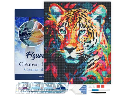 Figured'Art Diamond Painting Erwachsene 40x50cm Mit Rahmen Ganze Leinwand gespannt Leopard Farbenfroh Abstrakt 5D Bilder Eckige Steine - DIY Set Basteln von Figured'Art