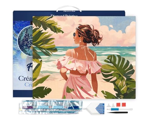 Figured'Art Diamond Painting Erwachsene 40x50cm Mit Rahmen Ganze Leinwand gespannt Liebliches Mädchen am Meer 5D Bilder Eckige Steine - DIY Set Basteln von Figured'Art