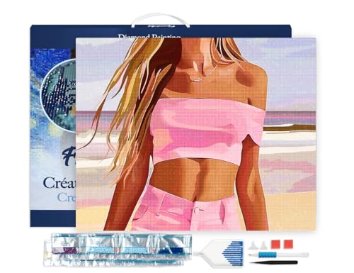 Figured'Art Diamond Painting Erwachsene 40x50cm Mit Rahmen Ganze Leinwand gespannt Meer, Sand und Stil 5D Bilder Eckige Steine - DIY Set Basteln von Figured'Art
