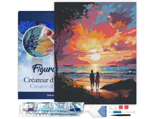 Figured'Art Diamond Painting Erwachsene 40x50cm Mit Rahmen Ganze Leinwand gespannt Pärchen und bunter Sonnenuntergang 5D Bilder Eckige Steine - DIY Set Basteln von Figured'Art