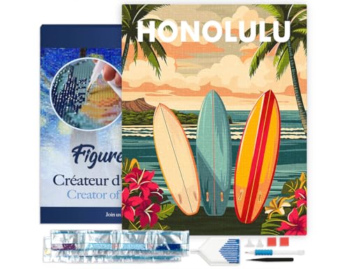 Figured'Art Diamond Painting Erwachsene 40x50cm Mit Rahmen Ganze Leinwand gespannt Reiseposter Honolulu 5D Bilder Eckige Steine - DIY Set Basteln von Figured'Art