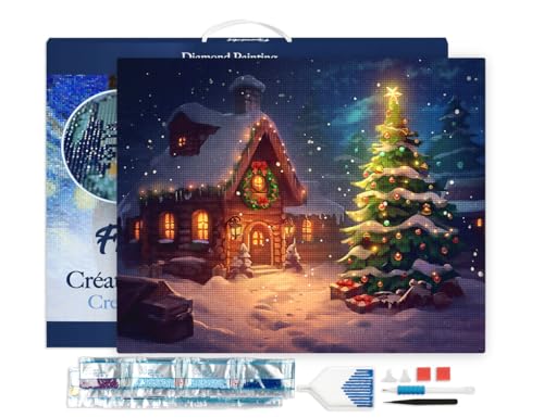 Figured'Art Diamond Painting Erwachsene 40x50cm Mit Rahmen Ganze Leinwand gespannt Schneebedeckte Weihnachtshütte 5D Bilder Eckige Steine - DIY Set Basteln von Figured'Art