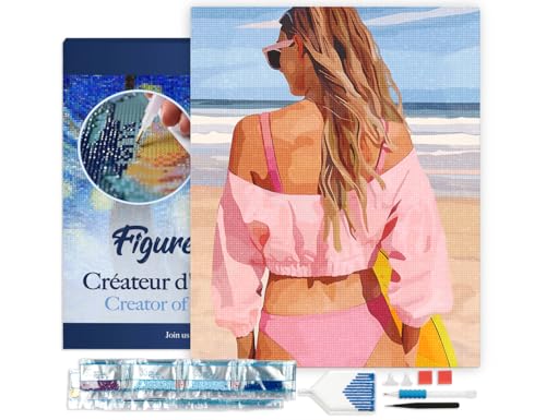 Figured'Art Diamond Painting Erwachsene 40x50cm Mit Rahmen Ganze Leinwand gespannt Strandtag mit Stil 5D Bilder Eckige Steine - DIY Set Basteln von Figured'Art