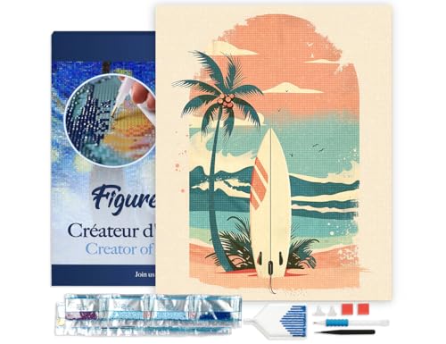 Figured'Art Diamond Painting Erwachsene 40x50cm Mit Rahmen Ganze Leinwand gespannt Surfbrett am Strand 5D Bilder Eckige Steine - DIY Set Basteln von Figured'Art