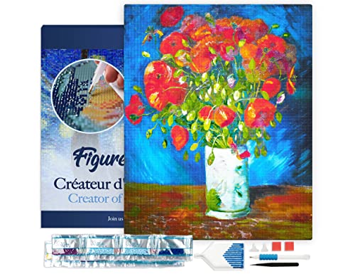 Figured'Art Diamond Painting Erwachsene 40x50cm Mit Rahmen Ganze Leinwand gespannt Vase mit rotem Klatschmohn Van Gogh 5D Bilder Eckige Steine - DIY Set Basteln von Figured'Art