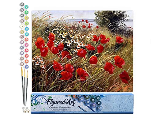 Figured'Art Malen Nach Zahlen Erwachsene Blumen im Feld 2 - Paint by Numbers Basteln DIY Bastelset 40x50cm ohne Holzrahmen von Figured'Art