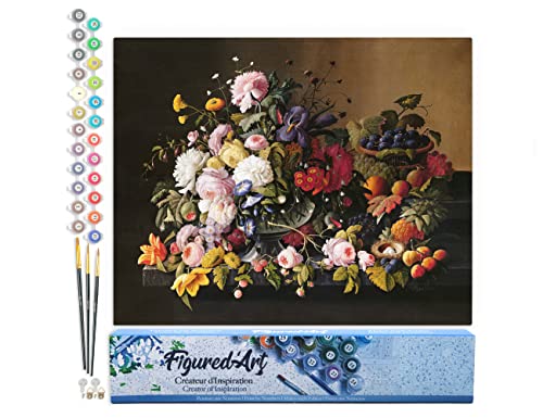 Figured'Art Malen Nach Zahlen Erwachsene Blumen und Obst - Severin Roesen - Paint by Numbers Basteln DIY Bastelset 40x50cm ohne Holzrahmen von Figured'Art