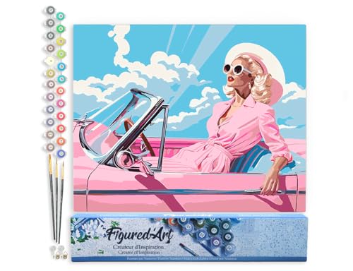 Figured'Art Malen Nach Zahlen Erwachsene Diva in einem rosa Retro-Auto - Paint by Numbers Basteln DIY Bastelset 40x50cm ohne Holzrahmen von Figured'Art