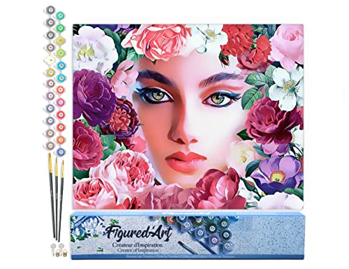 Figured'Art Malen Nach Zahlen Erwachsene Gesicht und Blumen - Paint by Numbers Basteln DIY Bastelset 40x50cm ohne Holzrahmen von Figured'Art